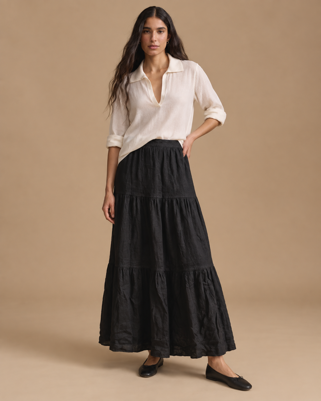 Falda Marea RAIZO 100% lino color Negro, vista frontal
