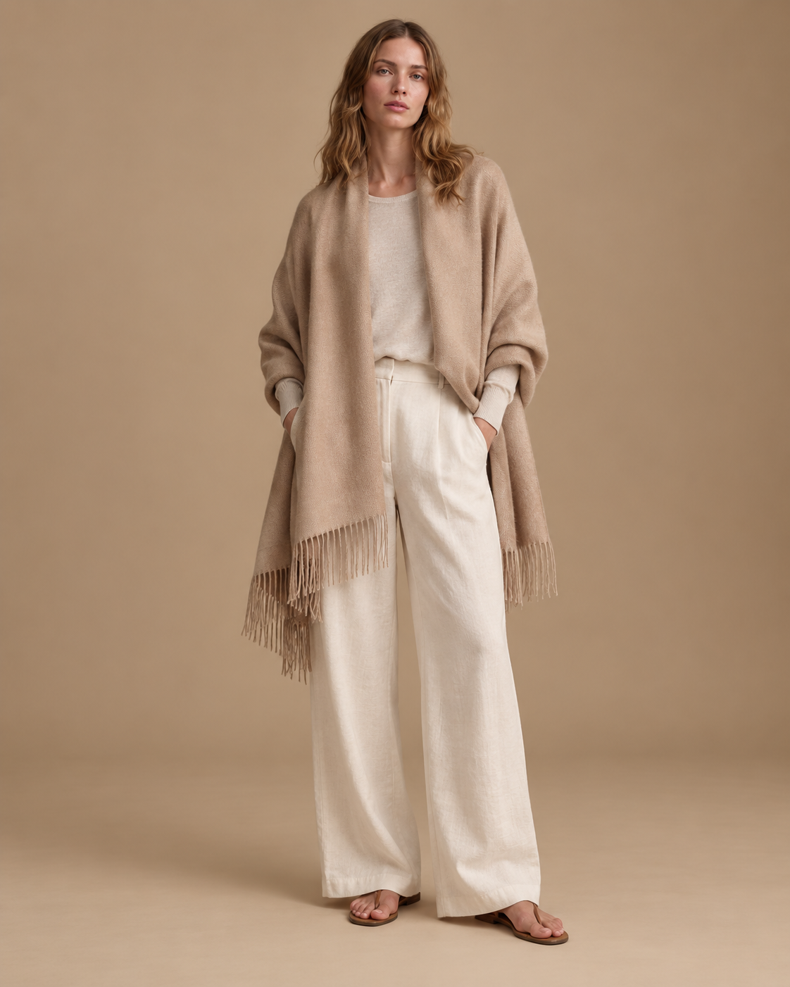 Chal Trama Calma de Baby Alpaca y lana color camel RAIZO, vista frontal