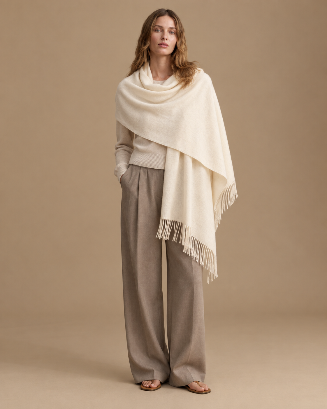 Chal Trama Calma de Baby Alpaca y lana color camel RAIZO, vista completa
