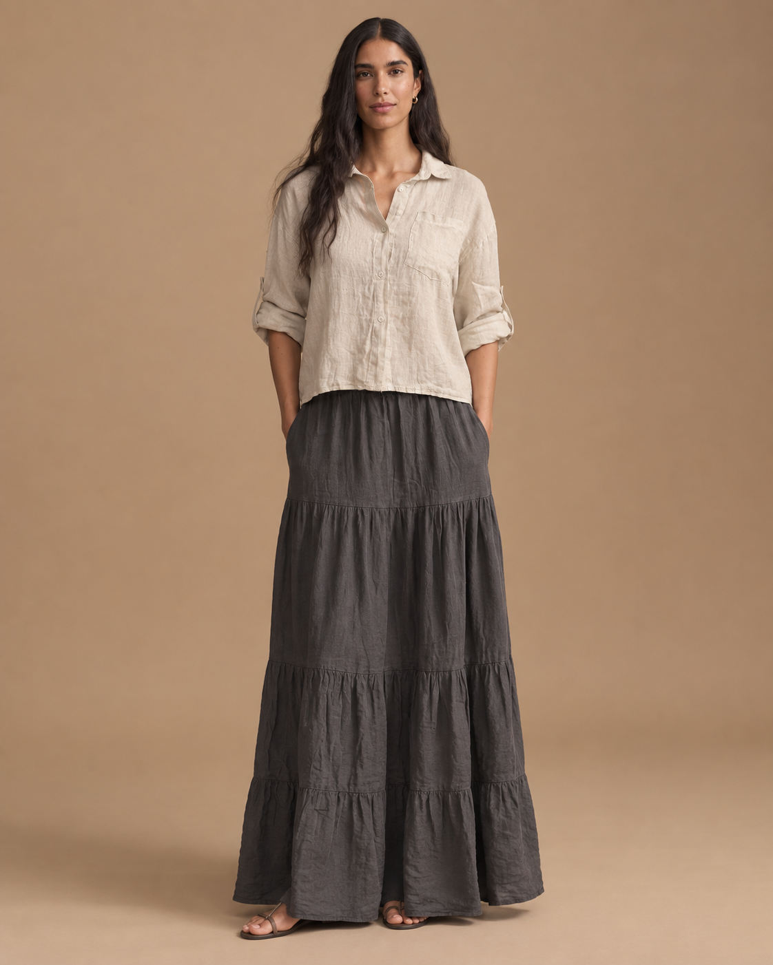 Blusa Hebra RAIZO 100% lino color Lino Natural, detalle de textura y calce