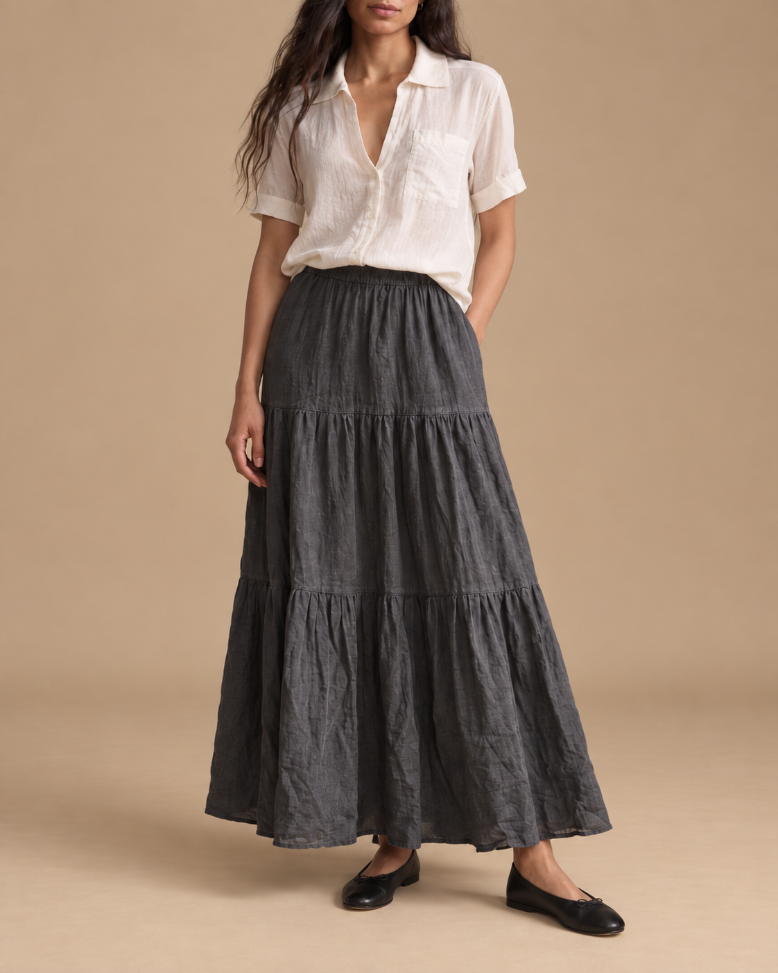 Falda Marea RAIZO 100% lino color Grafito, vista lateral