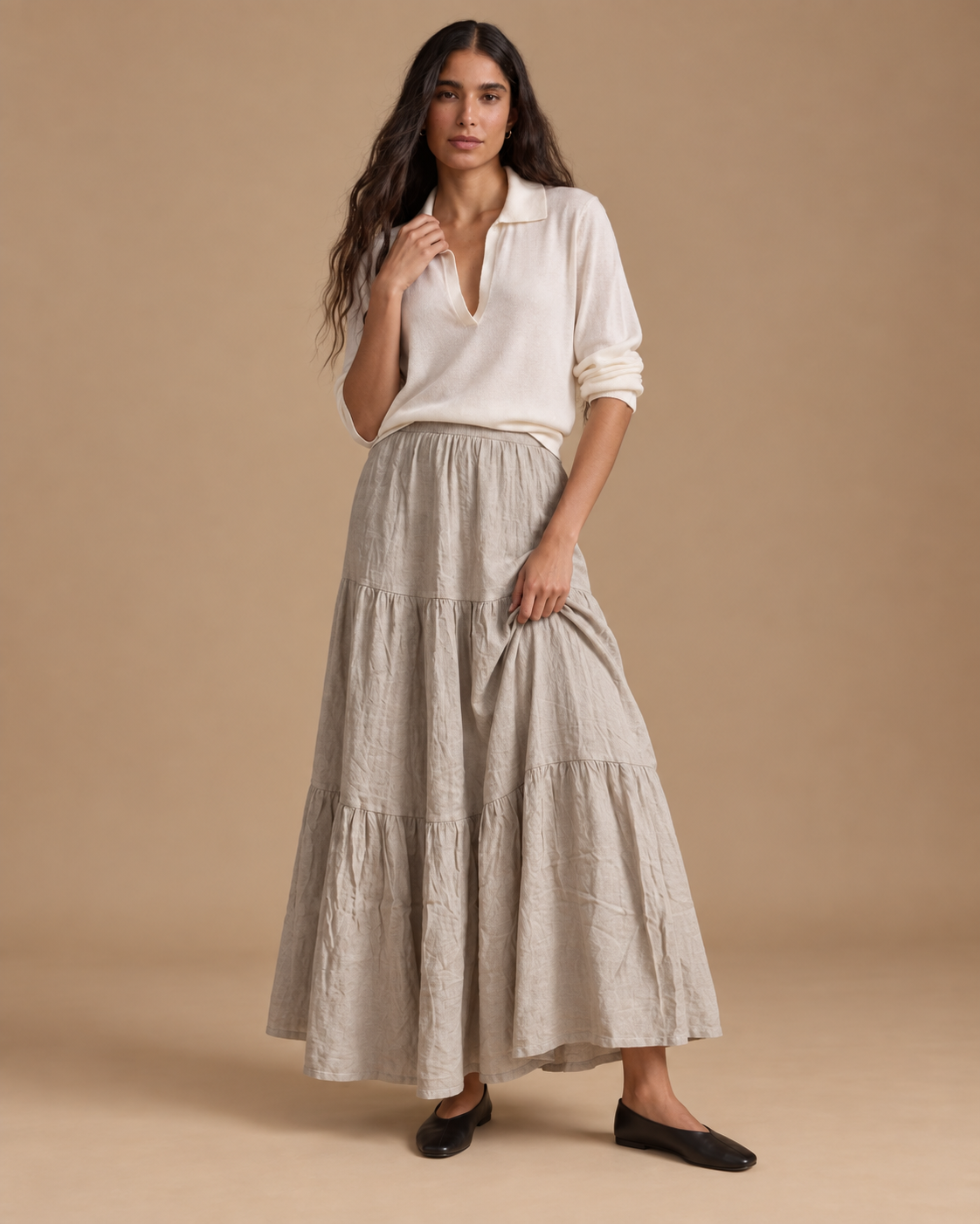 Falda Marea RAIZO 100% lino color Lino Natural, detalle de movimiento