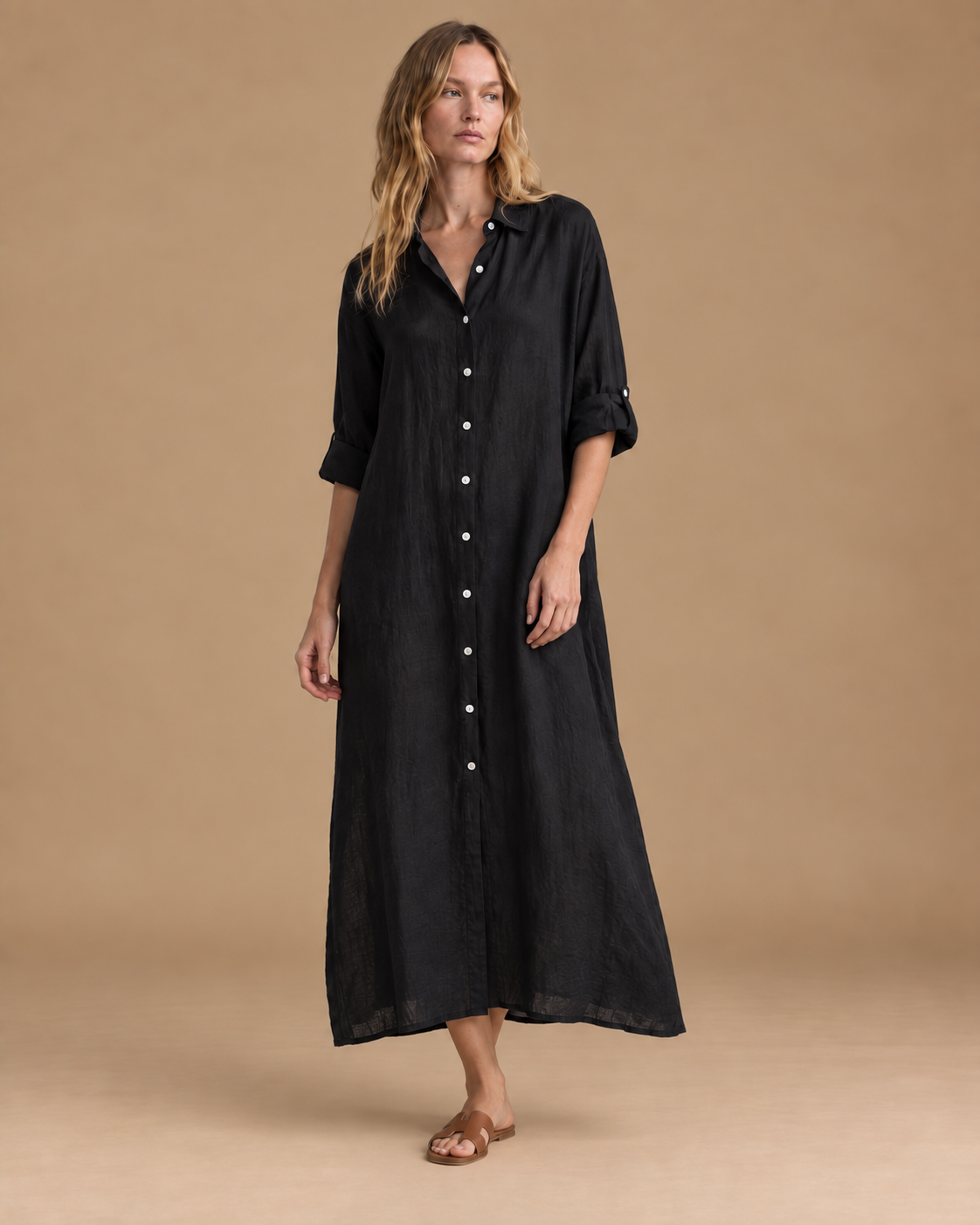 Vestido Trama Larga de lino color beige RAIZO, vista lateral