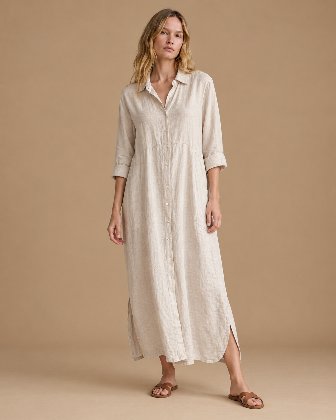 Vestido Trama Larga de lino color beige RAIZO, detalle de textura